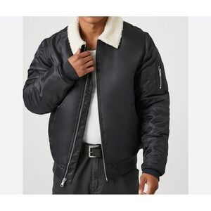 Forever 21 Men Bomber Jacket‎ Black Faux Sherpa Collar Quilted L